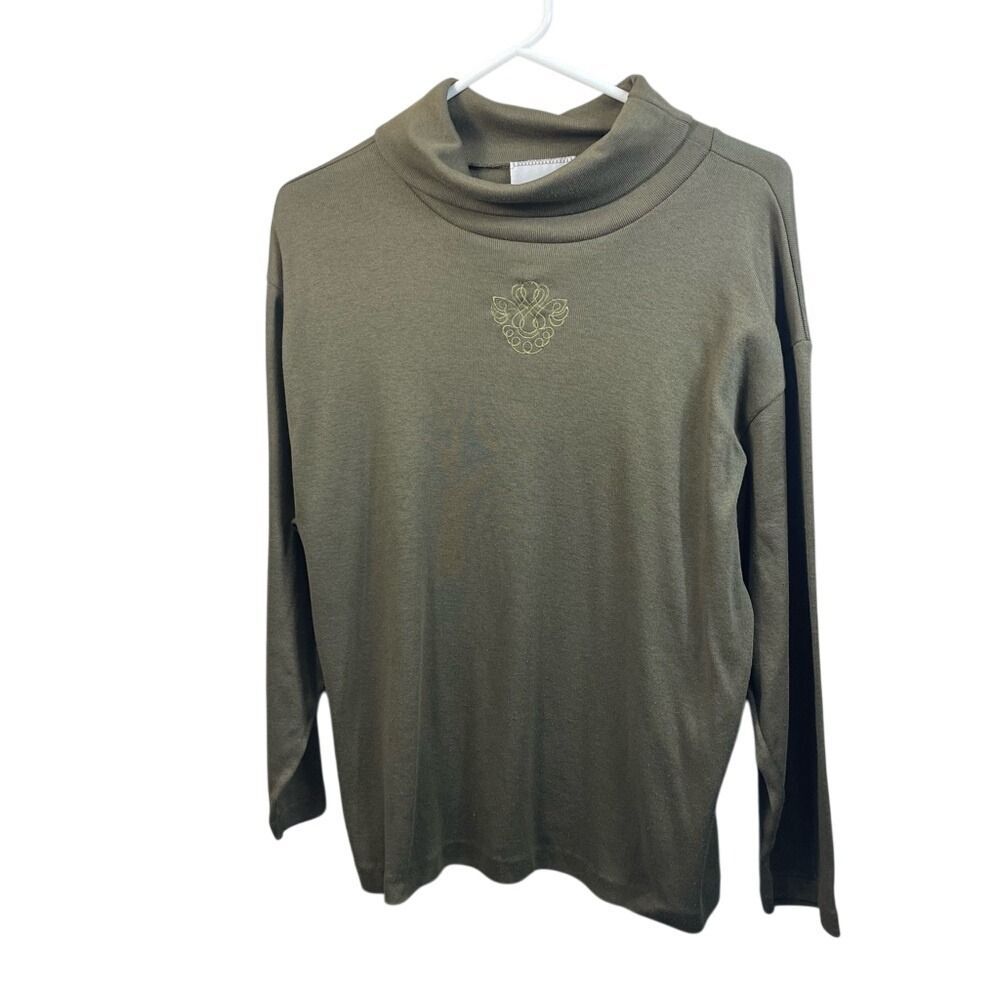 Olive Green‎ Mock Neck Long Sleeve Top with Embroidered Detail